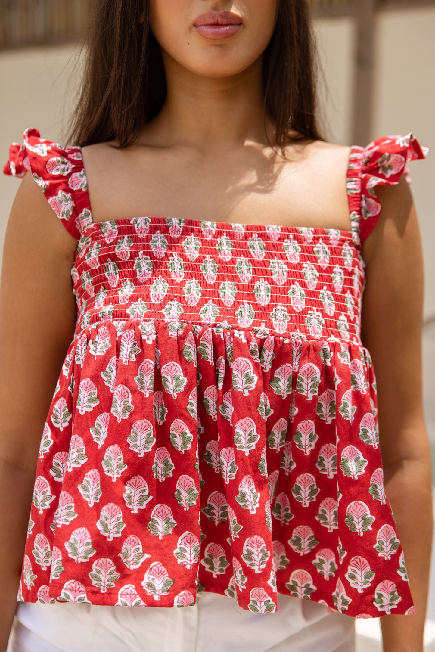 Sundari Smocked Cotton Blouse Scarlet Bloom